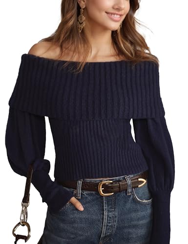 Womens Off The Shoulder Sweater Knitted Pullover Long Sleeve - Soft Top for Date Night Outfits