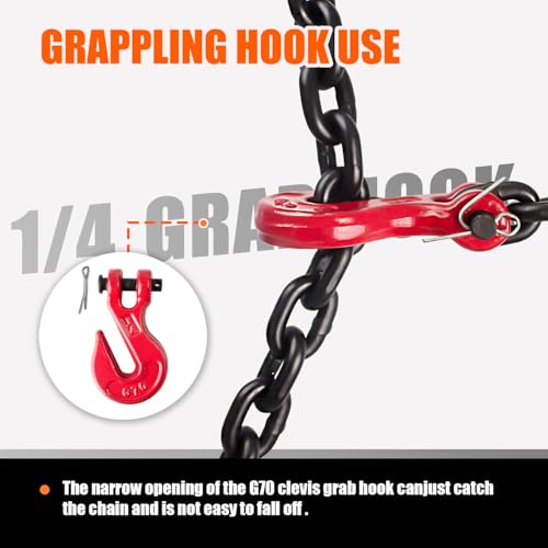 Image of G80 Transport Binder Chain1 /4 x 14 FT Tow Cable with Clevis Grab Hooks | 3,300 lbs WLL Heavy Duty Link for Transporting, Towing, Tie-Down & Lifting