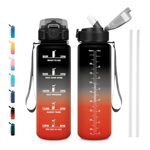 JAPORIA Botella Agua 1L, Botellas Motivacional, Cantimplora con Marca de Tiempo, Botella con Pajita para Gimnasio, Escuela, Oficina, Cámping, Running