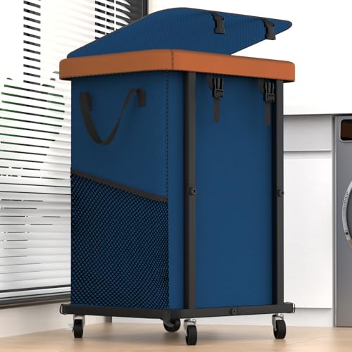 Image of 150L (40 Gal) Fashion Laundry Basket with Wheels, Leather Patchwork Rolling Hamper Carts, Sturdy Metal Frame, Removable Washable Bag, Tall Clothes Sorter for Bedroom, Laundry Room - Navy Blue