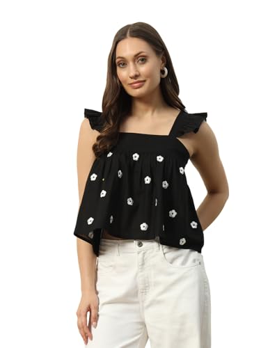 Image of FIORRA Women's Cotton Regular Fit Crop Top with Embroidery Detail and Solid Pattern