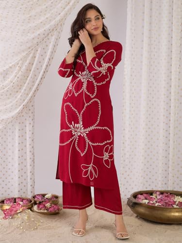 Image of INDO ERA Women's Straight Viscose Rayon Floral Embroidered Kurta & Palazzo Set (IESTR9981)