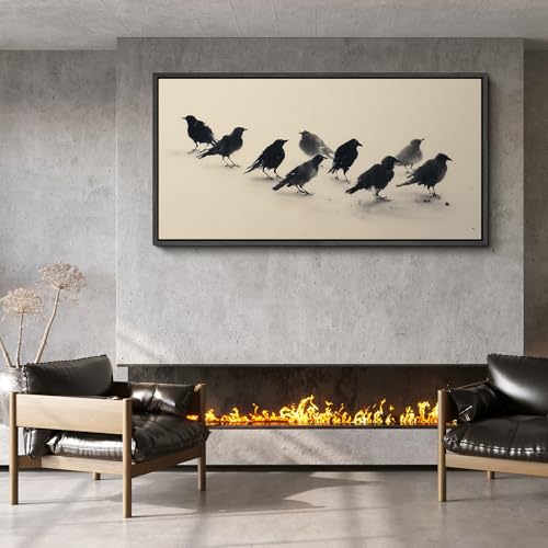 Image of MUDECOR Extra Large Framed Canvas Print Wall Art Minimalist Black Crow Flock Ink Style Neutral Antique Retro Ready to Hang Painting for Living Room Bedroom Multi-Sizes - 60 inchx30 inch