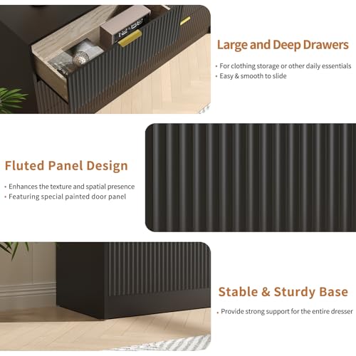 Image of Black Dresser with 6 Deep Drawers, 55 inch Wide Fluted Dresser for Bedroom with Gold Handle, Modern Chest of Drawer for Closet, Bedroom, Living Room, Black