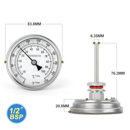 Miniatura 2 de Meanlin Measure 1 2 Bsp Termómetro Bimetálico Para Agua Caliente,Calderas Y Tuberías,Esfera De 3.3 ,Vástago De Acero Inoxidable De 3 ,Rango De Temperatura De -10 A 100 0 A 220 , Precisión Del 2