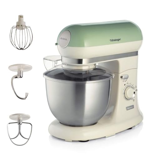 Ariete Pétrin Vintage 1588, Batteur Circulaire Pour Pain, Pizza, Gâteaux Et Pâtisseries, Hob, Fouet à Cœur Et Fouet à Fil Inclus, Capacité de 5,5 Litres, 7 Vitesses + Impulsion, 1200W, Vert