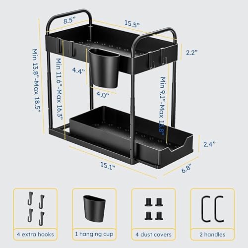 Image of Sink Organizer Rack Adjustable 2-Tier Shelf for Kitchen Cabinet, Expandable Storage Rack with Removable Panels,Professional for Kitchen Bathroom Carbon Stainless Steel (Black)