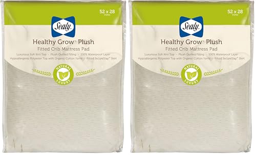 Image of Sealy Baby Healthy Grow Plush Fitted Waterproof Infant Crib Mattress Protector Pad and Toddler Bed Cover, Organic Cotton and PolyBlend Top, Machine Washable and Dryer Friendly, 52 inch x 28 inch- White