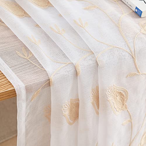 Image of Floral Embroidery Beige Sheer Curtains 84 Inches Long, Rod Pocket Sheer Drapes for Living room, Bedroom, 2 Panels, 52 inchx 84 inch, Semi Crinkle Voile Window Treatments for Yard, Patio, Villa, Parlor.