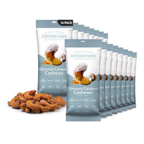 Image of Earthside Farms Coconut Caramel Cashews Snack Packs, No Sugar Added Keto Friendly Nuts, Vegan Gluten Free Non GMO Low Carb Snack, Plant Protein Treat, 1oz Individual Bags, 16 Count
