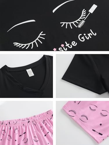 Image of VENTELAN Pajama Set For Women Cute PJS Summer Short Sleeve Shorts Sleepwear