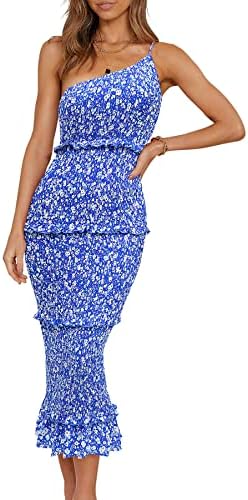 PRETTYGARDEN Womens Floral Summer One Shoulder Strappy Tiered Ruffle Midi Bodycon Dresses