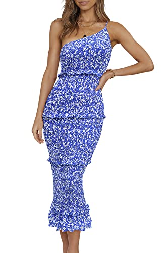 PRETTYGARDEN Women's Summer Midi Bodycon Dresses One Shoulder Strappy Tiered Ruffle Floral Boho Sun Dress