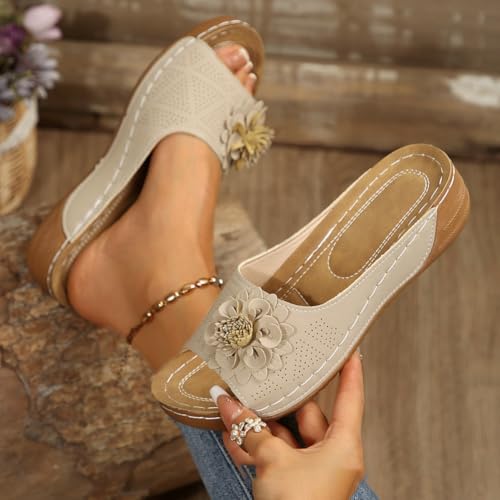Rungion Womens Summer Beach Sandals Wedge Low Open Toe Slides Ladies Dressy Sandals Slipper Platform Comfortable Flower Sandals4