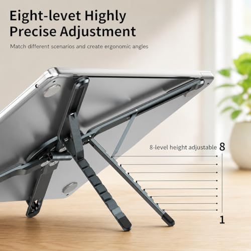 Image of Foldable 4 in 1 Laptop Stand with 7 Level Height Adjustment | Vlogging Magnetic Selfie Stick| Mobile & Tablet Stand | Aluminium Body | Supports Upto 10kg & 11 inch to 16 inch | Free Carry Bag