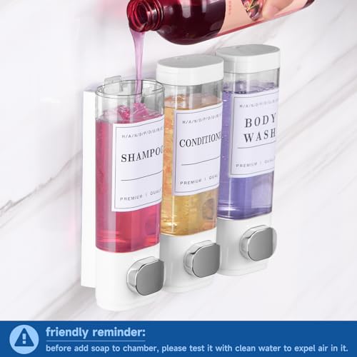 Shower Soap Dispenser Wall Mounted No Drill Shampoo Dispenser for Shower Wall Shampoo and Conditioner Dispenser Bathroom Hotel 3 * 300ml White with Labels