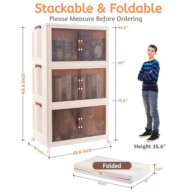 95 QT (285 QT Total) Stackable Storage Bins with Doors ¨C 3 Tier Plastic Cabinet with Doors ¨C Magnetic closure Foldable Storage Bins with Lids & Wheels ¨CCollapsible Organizer with Leather Handles