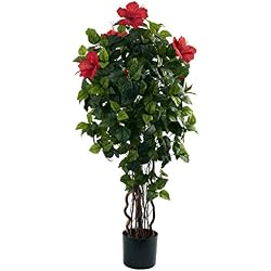 1 of Nearly Natural 4ft. Hibiscus Artificial Tree, Faux Flowering Tropical Plant in Pot for Indoor Home, Office & Living Room Decor