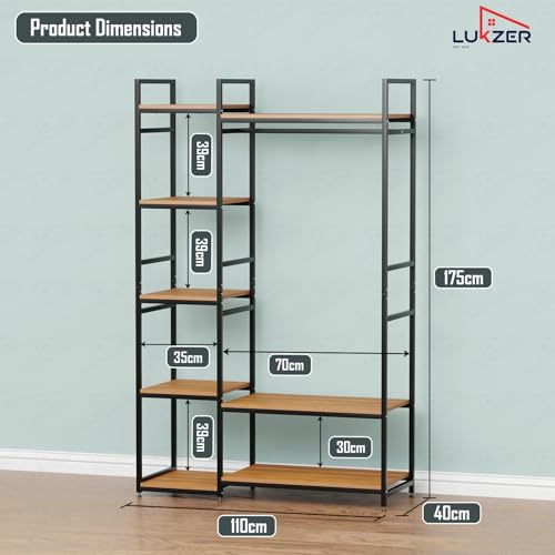 Image of Lukzer Heavy Duty Garment Rack with 8 Shelves & Hanging Rod | Free-Standing Modern Clothes Stand Metal & Engineered Wood Shoe Rack with Adjustable Foot Pads for Living Room - MMR-004 /Black & Oak Brown