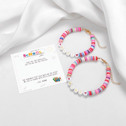 Image of Back To School Gifts for Mom and Daughter Mama and Mini Braclets First Day of School Mommy and Me Bracelet Heart Clay Bead Bracelets
