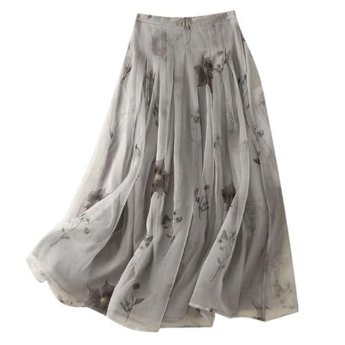 Women Cotton Linen Print Midi Skirt Double-Layer High Waist Vintage Loose Casual Ball Skirts
