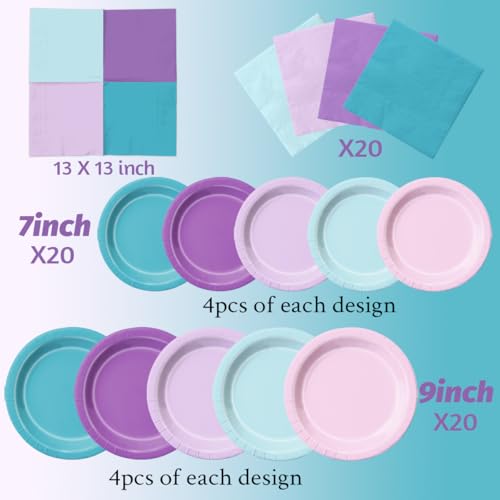 Image of CMUSKO Mermaid Birthday Decorations - 60Pcs Plates and Napkins Pink Blue Purple Theme Party Supplies for Girl Birthday, Baby Shower, Wedding