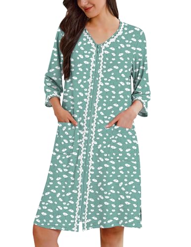 Image of Ekouaer Zipper Robes for Women 3 /4 Sleeves Lightweight House Coat Zip Up Bathrobe Soft Nightgown with Pockets S-3XL