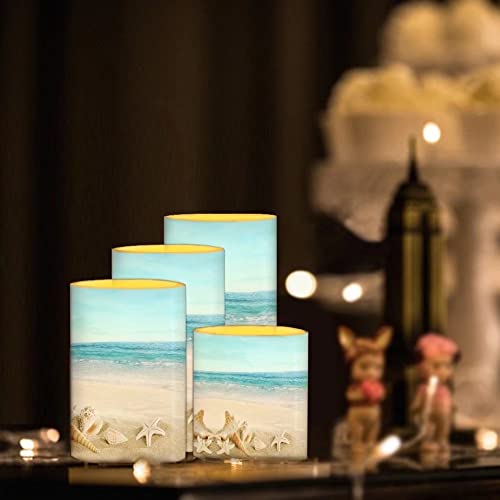 Image of Flickering Flameless LED Pillar Candles with 18-Key Remote Battery Operated Color Changing Tea Lights Fake Candles, Set of 4, Beach Starfish Blue