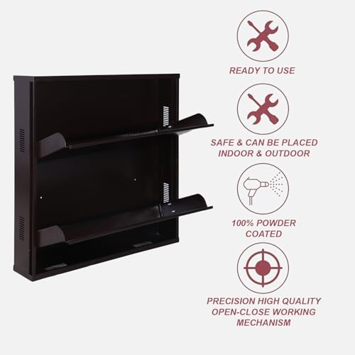 Image of Metal Shoe Rack Wall Mounted for Home with Central Locking | 2 Door 28 inch Wall Mounted Metal 6 Pair Shoe Rack Cabinet | Pre-Assembled Rack Shelves | 3 Year Warranty (Brown)