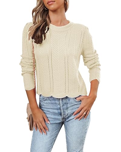 Ancapelion Womens Long Sleeve Jumpers Causal Crew Neck Hollow Out Cable Knit Ribbed Pullover Sweater Tops Cream XL