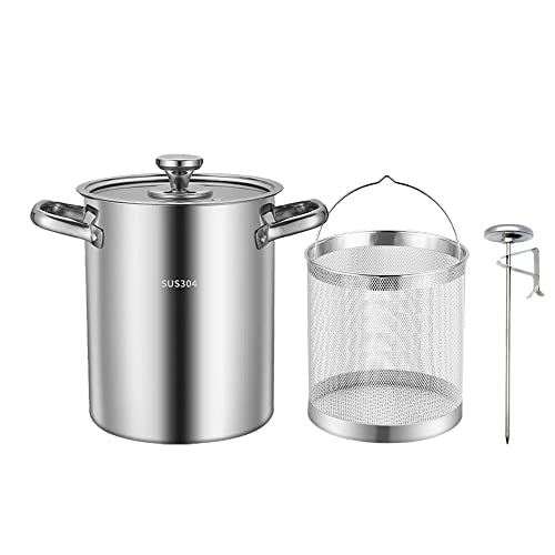 304 Stainless Steel Deep Fryer with Oil Strainer Basket & Thermometer, 169 Oz Deep Fryer Pot Kitchen Tempura Small Deep Frying Pot for Tempura chips, Fries, Fish, and Chicken