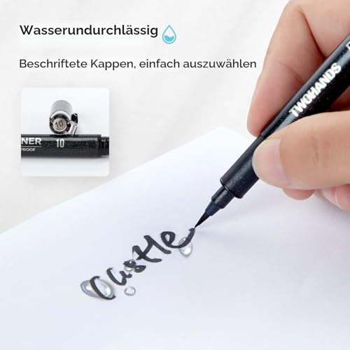TWOHANDS Schwarz Fineliner Stifte,Schwarze Filzstiften,Pigment Liner Set, Marker, Wasserfest, Stifte für Künstler, Illustration, Skizzen, Technisches Zeichnen,12 Stück,902188