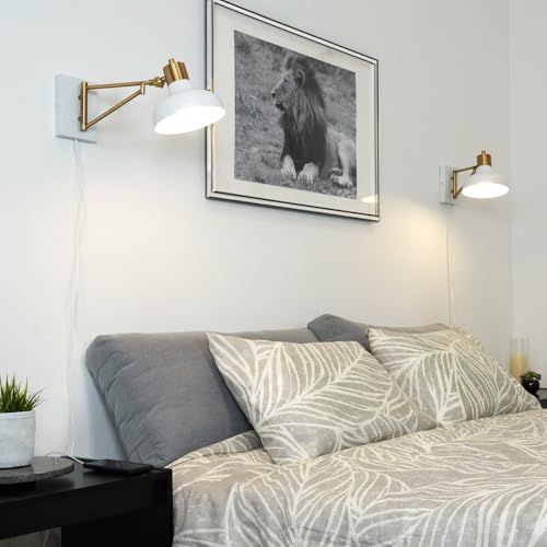 GLOBE Electric 51344 1-Light Plug-in or Hardwire Swing Arm Wall Sconce, White, Brass Accents, White-Cloth Cord, Mounted Bedside Lamp, Kitchen Sconces Wall-Lighting, Bulb Not Included - Image 5