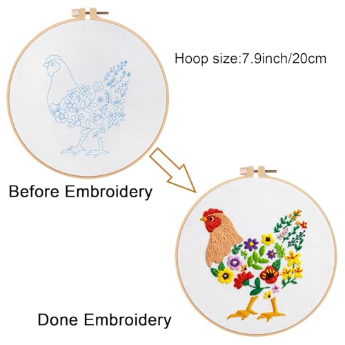 Image of Louise Maelys Hen Embroidery Kit for Beginners Farmhouse DIY Craft | Cross Stitch Kits Include Pre-Printed Fabric, Embroidery Hoop, Threads, Needles and Guide. Needlepoint Kit for Adults