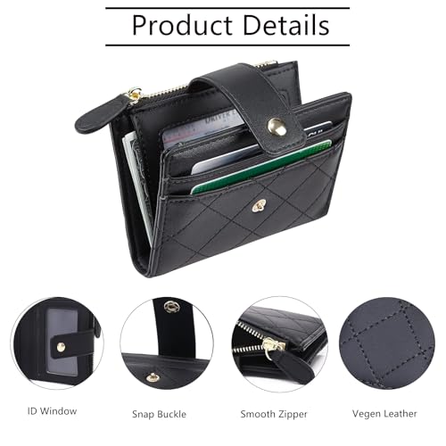 Small Genuine Leather Wallet for Women Bifold Card Holder with Zipper Coin Pocket Compact Purse (Black)3