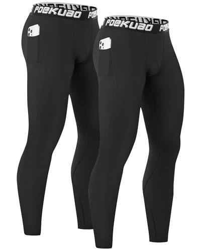 Poekuao 2 Pack Mens Running Tights Sports Workout Leggings with Pockets Breathable Athletic Base Layer for Gym Basketball Black/Black S