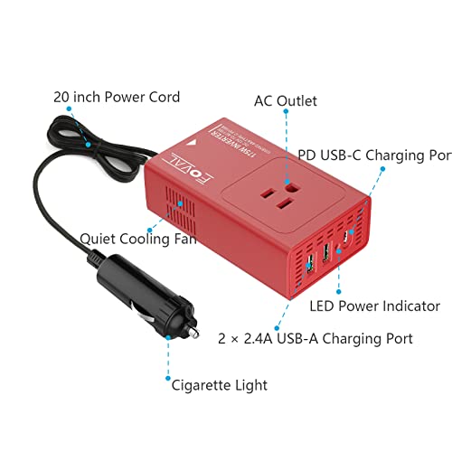 Foval 175W Car Power Inverter 12V Dc To 110V Ac Converter Vehicle Adapter Plug Outlet With [18W Pd Usb-C] Multi Usb Ports Car Charger For Laptop Computer #TOP5
