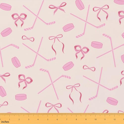 Ice Hockey Fabric by The Yard,Pink Hockey Stick and Ball Fabrics,Butterfly Bow Princess Style Fabric for Arts and Crafts Decor,Kawaii Polyester Fabric,5 Yards,180" L x 59" W