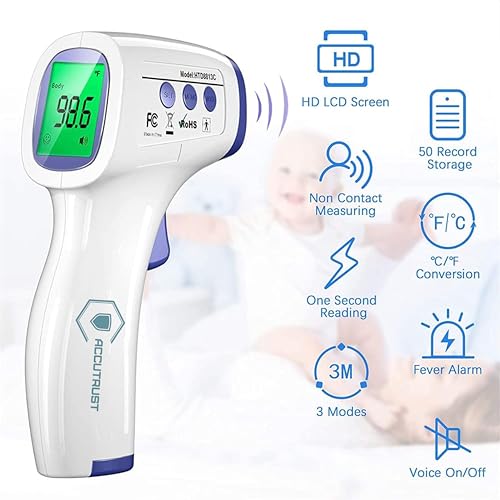 Image of Infrared Digital Thermometer For Fever, Non-Contact Laser Infrared Thermometer Temperature Gun [Battery Included] - White and Blue, Plastic