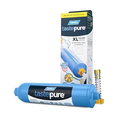 Camco Tastepure XL RV Water Filter - Reliable RV Inline Water Filter with Flexible Hose Protector - GAC & KDF Water Filtration - Made in USA - Camping Essentials for Fresh Drinking Water (40019)