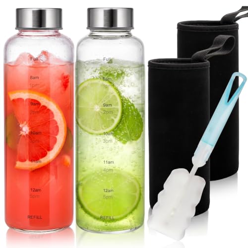 Pumtus 2 Pack Glass Water Bottles With Time Marker, 18 OZ Motivational Water Bottle with Non-slip Sleeve, Beverage Bottles with Hydrating Reminder, Reusable Drinking Bottle for Hot and Cold Drinks