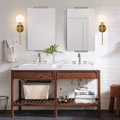 BYOLIIMA Gold Wall Sconce Set of 2 with White Globe Glass Shades Modern Mid Century Bathroom Vanity Wall Light Fixtures Industrial Brushed Brass Wall Lamp for Bedroom Mirror Living Room Restaurant by BYOLIIMA - Used condition - Image 9