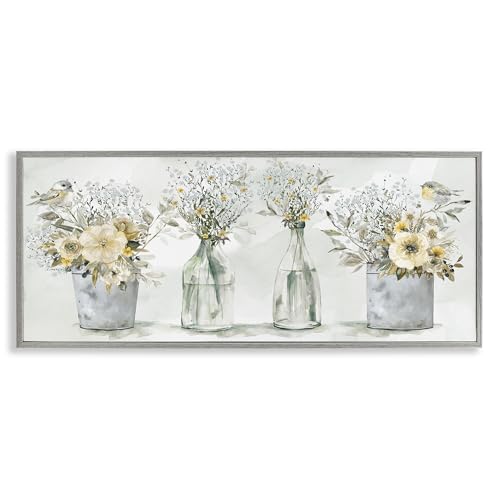 Stupell Industries Farmhouse Floral Bouquets Song Birds Rustic Vases, Designed by Carol Robinson Gray Framed Wall Art, 30 x 13, Yellow