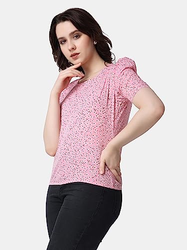 Image of POPWINGS Casual Printed Puff Sleeves Round Neck Top for Women || Stylish Summer Tops for Women || Hip-Length Women Top