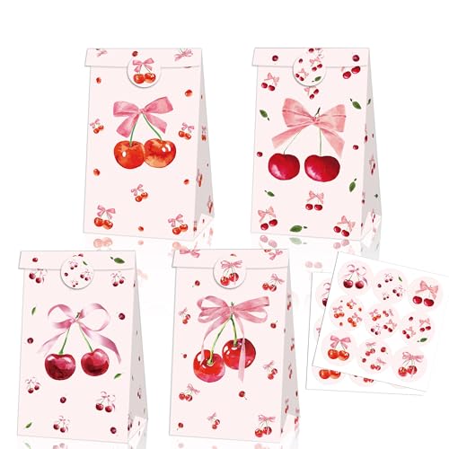 24 PcsCharming Cherry Theme Gift Bags with 36 Themed Stickers, Delightful Party Favors and Gift Packaging for Various Celebrations, Elegant and Fun Design for All Ages