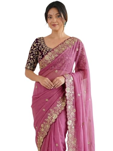 Image of SIRIL Women's Shimmer Georgette Scalloped Border Sequins Embroidery Saree with Unstitched Blouse Piece