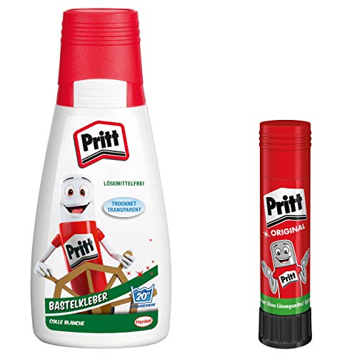 Pritt Pegamento para manualidades, pegamento multiuso de secado transparente para el hogar, la escuela o la oficina, set con 1 frasco à 100 g y 1 Pritt Stick Kebestift 11 g