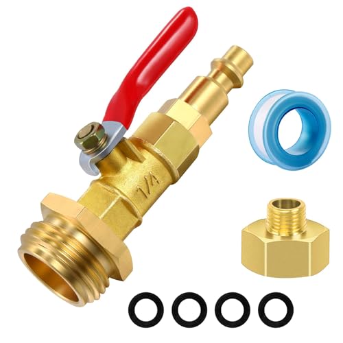 Image of RV Winterize Blowout Adapter with Ball Valve: Solid Brass air compressor with 1 /4 inch Quick Plug and 3 /4 inch Garden Water Hose for RV Camper Trailer and Boat