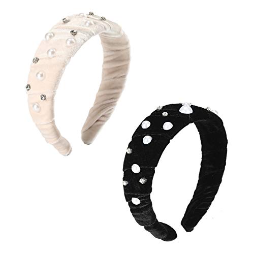 Velvet Rhinestone Pearl Padded Headband Spanish Vintage Style Alice Hair Band Matador Headban (black+white-1)