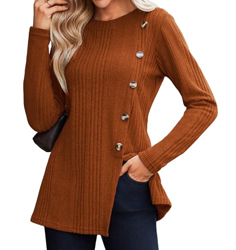 Cnlinkco Long Sleeve Shirts for Women Crewneck Button Decor Casual